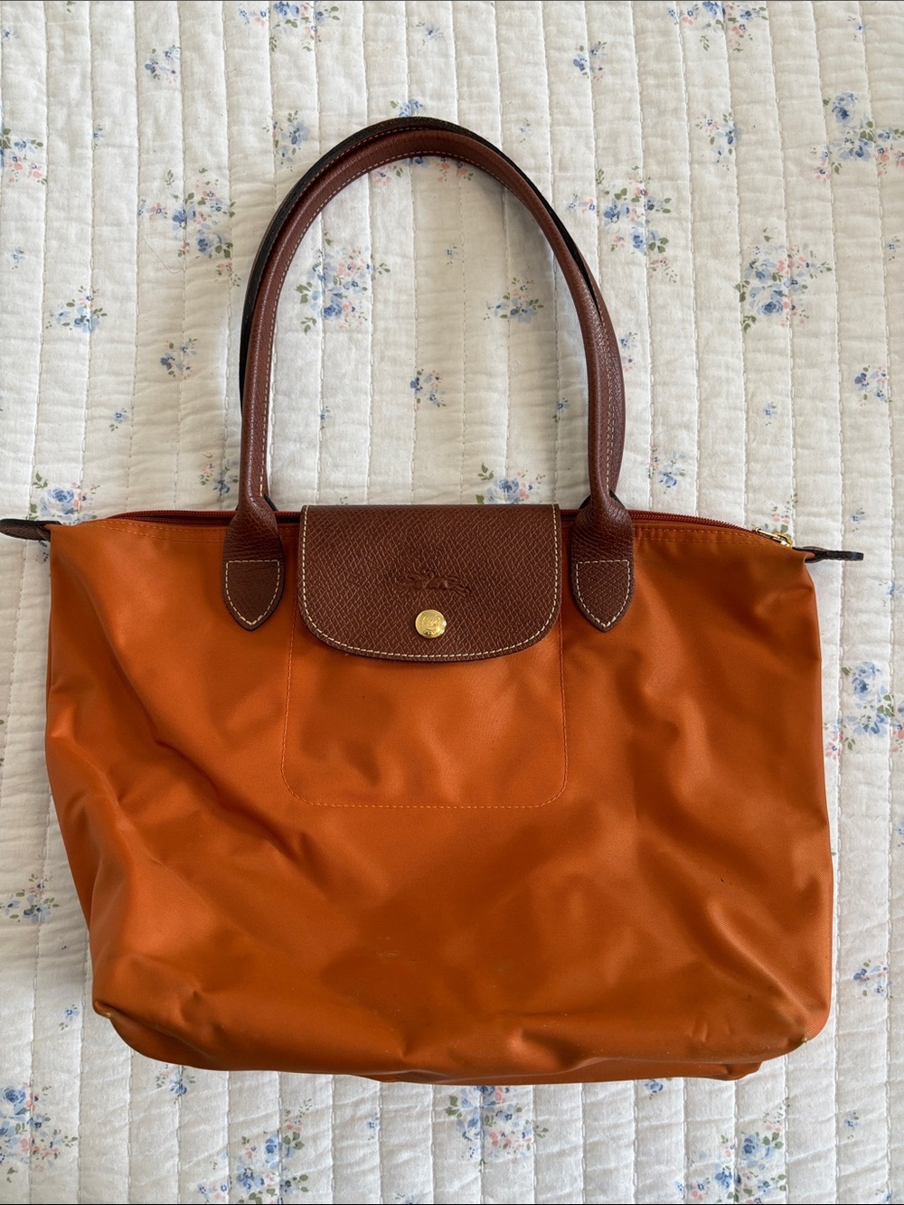 Longchamp LePliage Medium Orange Nylon Tote with Brown Leather Trim